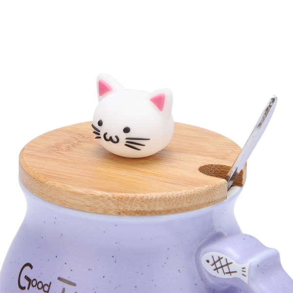 1 st Lovely Cat Keramikkopp med sked och lock Kaffevatten Mjölkmugg för Dryckespresent (lila)