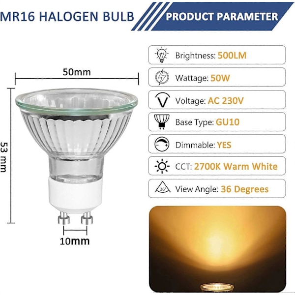 8 stk. GU10 50W Halogen Reflektor Pærer, Dæmpbar Spotlight, Varm Hvid 2700K