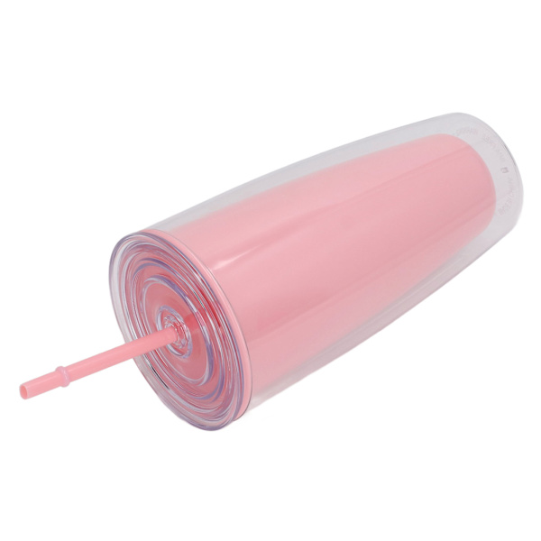 Dubbelväggig mugg med lock och sugrör 750 ml Dubbelväggig mugg med stor kapacitet Vattenflaska med bred öppning Splittersäker Rosa