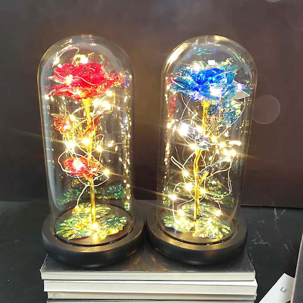Evighetsros under glaskupa, Evighetsros, Galaxy Rose glaskupol konstgjord blomma med röda LED-lampor 22*11cm