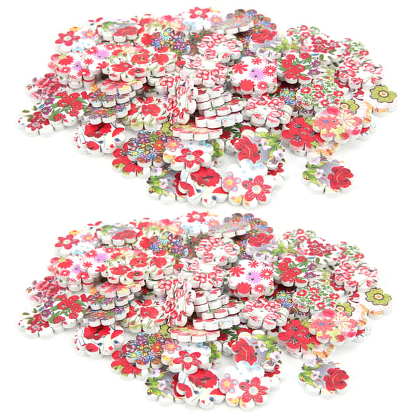200 st målade blomknappar i trä, blandade DIY-sömnadstillbehör med 2 hål, 20 mm