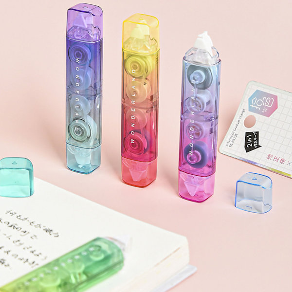 Korrigeringstejp med gradientfärgad skalförpackning, dubbelhuvud, transparent, enkel, självhäftande korrigeringstejp, suddgummi för skolan, 5 mm (6 meter)