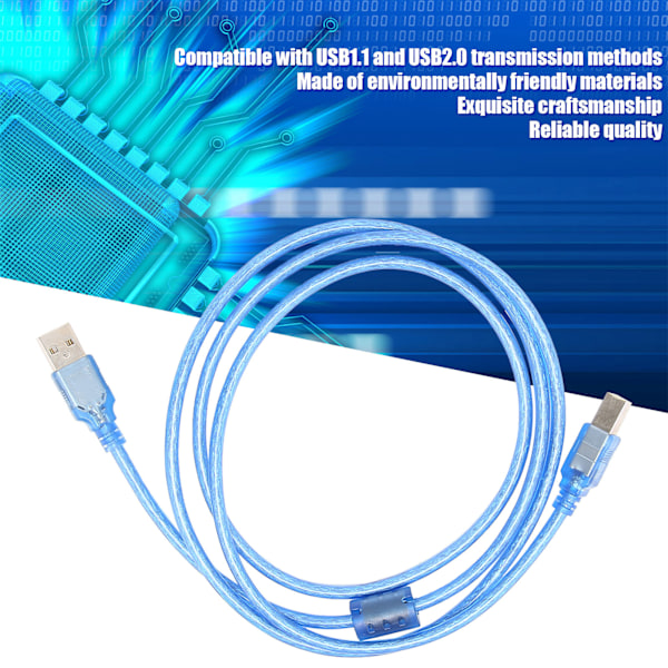 Transparent blå USB datakabel - 1,5 meter längd (A hane till B hane)