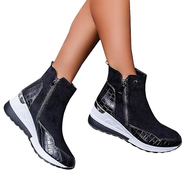 Black High Top Wedge Ankle Boots Sneakers Trainers for Women