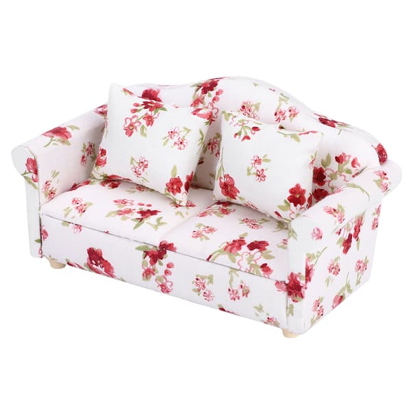 Dukkehus Tilbehør Blomstermønster Mini Møbler Dobbelt Sofa til 1/12 Skala Dukke (#1)