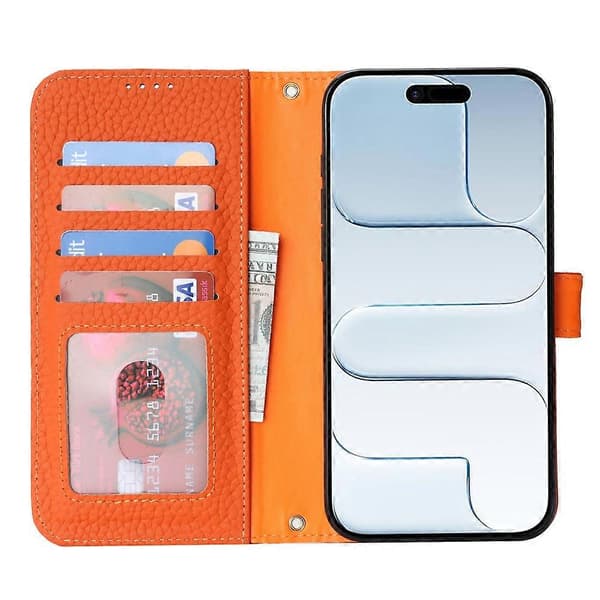 Kompatibel med iPhone Air Stativfodral Litchi Textur Äkta Kohud Plånboksfodral RFID Orange