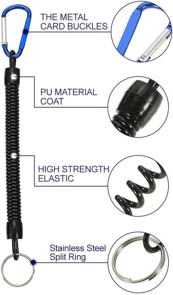 Elastisk Spiral Nøglering - 3 STK Bungee Nøglering Spole Nøglering Sikkerhedsfjeder Nøgleholder med Karabinhage - Sort, Rød, Blå