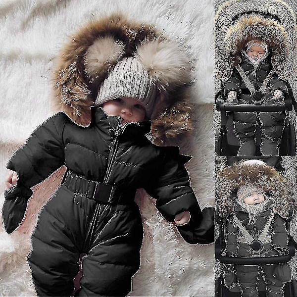 Baby Hooded Jumpsuit för pojkar och flickor, 0-24 månader, med pälskrage 70cm Svart