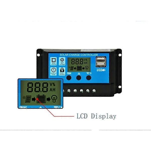 PWM solpanel ladecontroller, 12V/24V, 30A, LCD-display, dobbelt USB-port