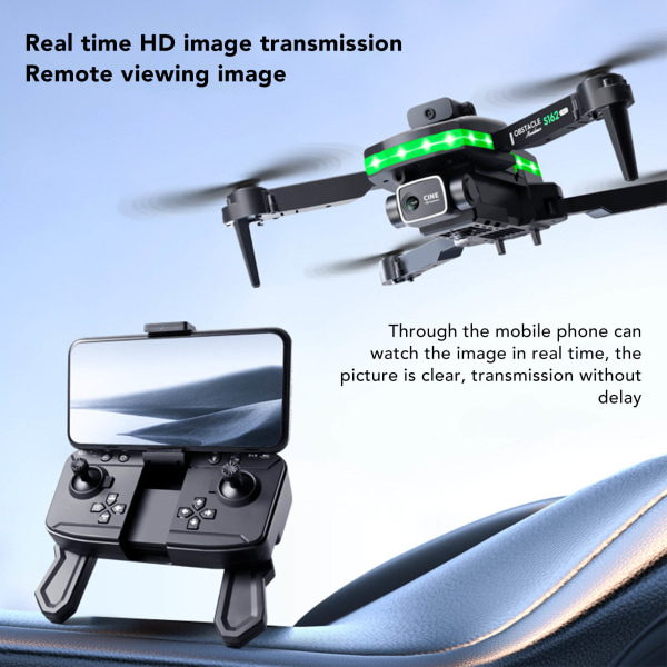 S162 RC Drone Hindring Undgåelse WIFI Drone Fjernbetjening Quadcopter med 4K HD Dual Camera LED Grønt Lys Strip