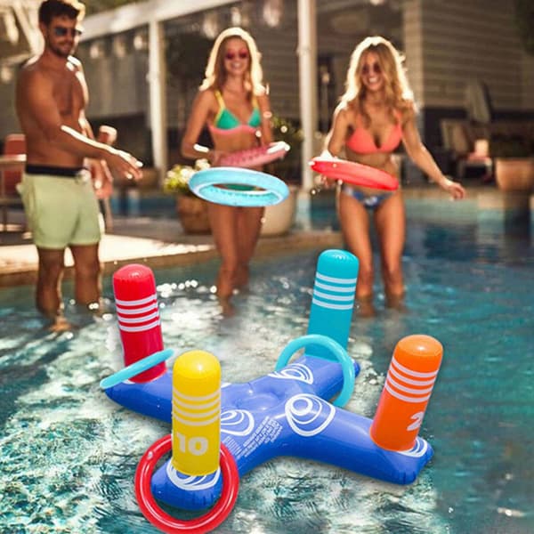 Uppblåsbar Pool Ring Toss Spel Pool Floats Leksaker Spel Set med 4st Båge och Luftpump Vattenunderhållning Interaktivt Spel
