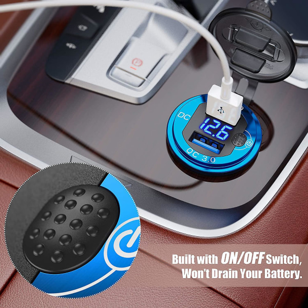 Punainen ajoneuvon latauspistoke volttimittarilla ja USB QC3.0 -puhelinlaturilla 12-24 V matkailuautoille ja veneille