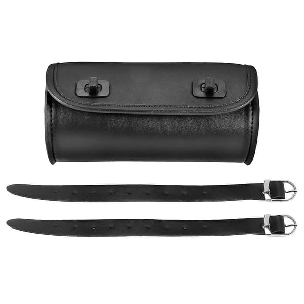Motorcycle Fork Bag PU Leather Handlebar Tool Bag Sissy Bar Roll Bag Saddlebag with 2 Straps, Un black