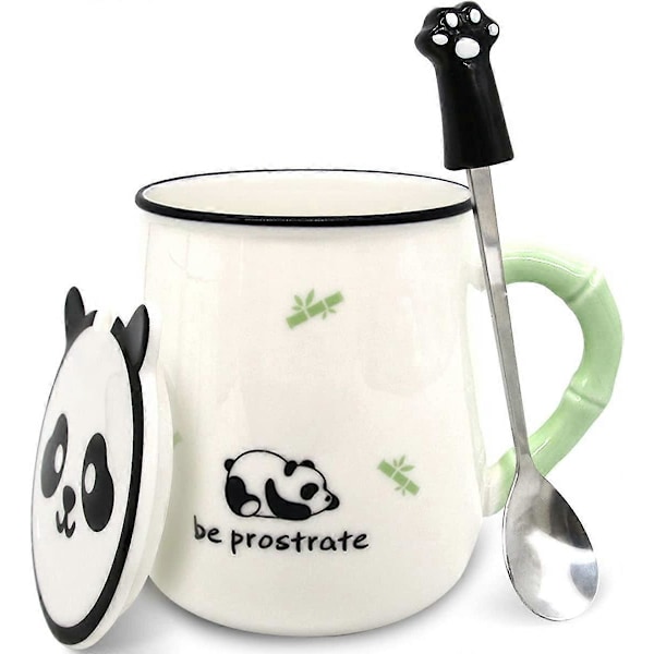 Sød Panda Kaffekrus, Sjov Panda Keramisk Kaffekop med Låg og Ske til Børn Teenagere Dame (Stil A)