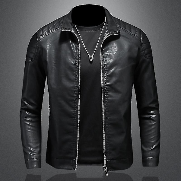 Casual Stand Collar Men's Leather Jacket for Spring and Autumn Outwear 4XL Black