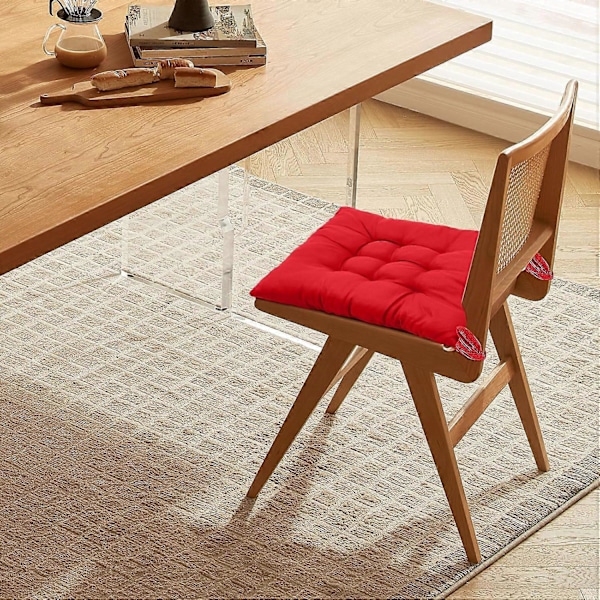 4-delars sittdynsset för matstolar, 40 x 40 cm bekväm sittdyna för matstol, köksstolsdyna med knytband (Röd)