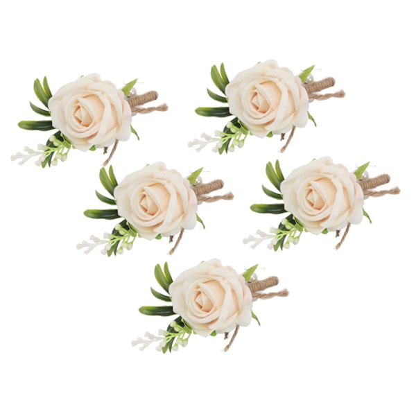 5 stk bryllupsknapphullsbrosje med fast nål i plast, kunstig blomsterkorsasj for brud og brudgom i champagnefarge