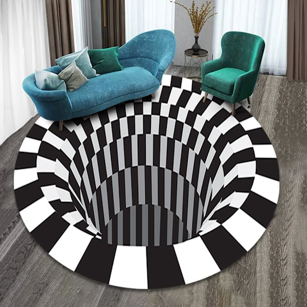 3D Visuell Soverom Teppe Rund Svart Hvit Rutete Tepper Stue Sklisikker Matte Teppe