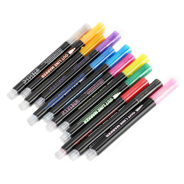 12 stk dobbeltlinjepenner fargerik håndmaling kontur stasjonær highlighter markør 12 farger