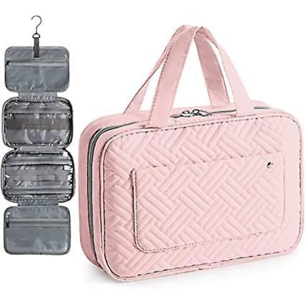 Foldbar Toilettaske, Bærbar Kosmetikpose, Multifunktionel Hængende Makeuptaske, Kosmetikopbevaring, Fløjlsmakeuptaske med Drejelig Krog (Pink)