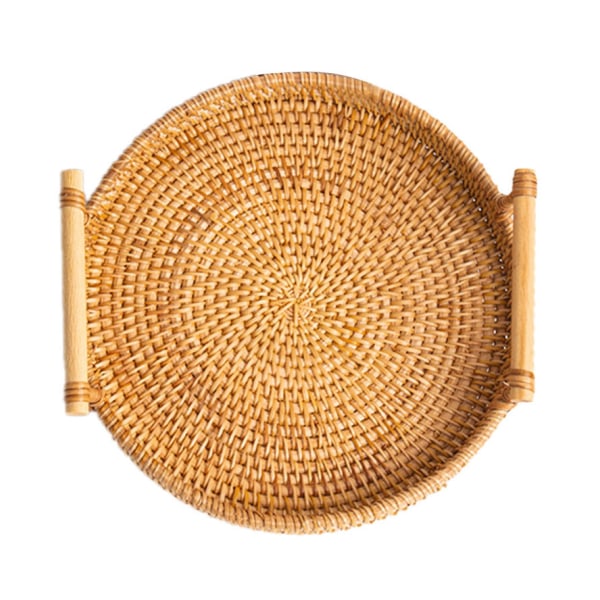 Håndvævet rund flettet bakke af rotting til servering af brød, frugt, desserter og snacks med håndtag, diameter 24 cm, højde 3 cm