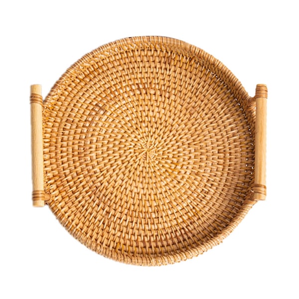 Håndvevd rund flettet serveringsbrett i rotting, brødfrukt dessert snacks kurv med håndtak, diameter 24 cm, høyde 3 cm