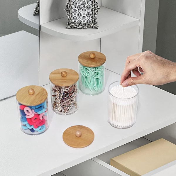 4 clips, 10 OZ badrum Manager Tillbehör förvaringsbehållare transparent Plast Apotekstank med Bambulock för Bomullsbollar, Bomullspads, Bomullspinnar