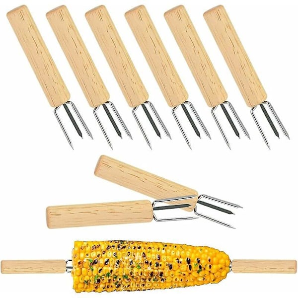Fruktgaffel 3-grenet Maisspyd med Trehåndtak Rustfritt Maispigg Grillspyd BBQ Skarpe Maisspyd for Frukt Grønnsaker Maiskolbe BBQ 10 X