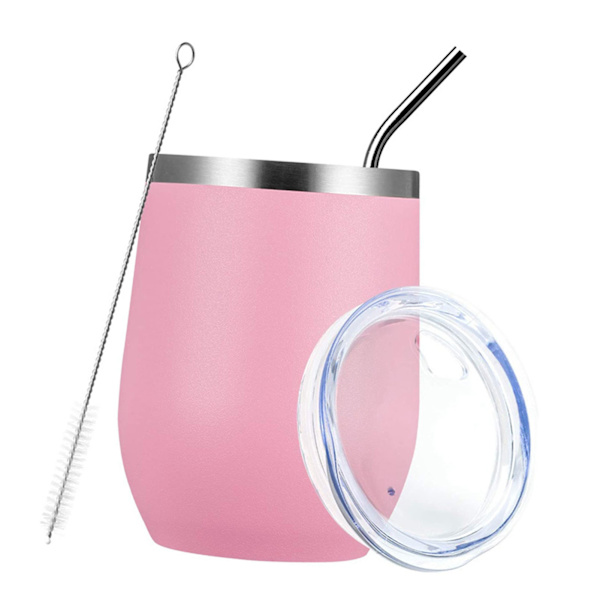 12oz 304 Rostfritt Stål Äggskalskopp Set U-formad Stor Mag Värmeisoleringskopp med Sugrör Koppslock Borste Rosa