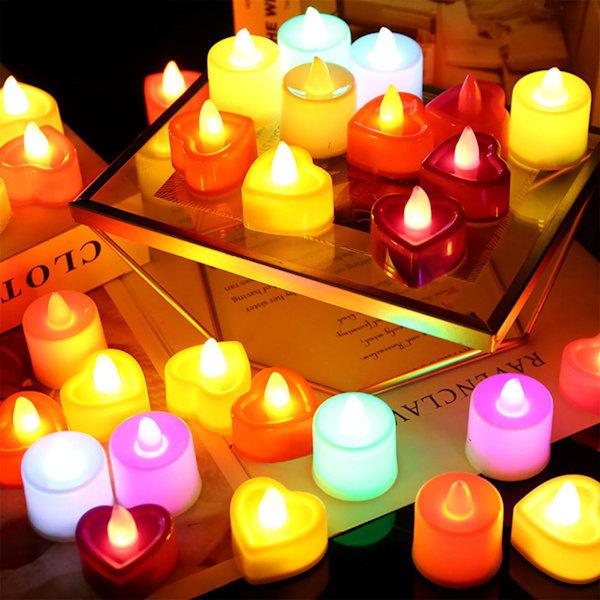 24 stk. kærlighedshjerteformede stearinlys i plast med LED-flamme, der ikke lugter, og fjernbetjening til te-lys til boligindretning, gul