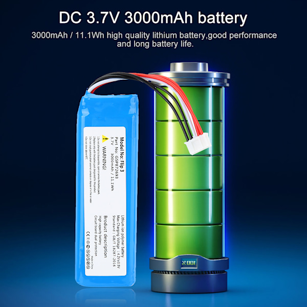 DC 3.7V 3000mAh / 11.1Wh litiumbatteri erstatning oppladbar batteri for Flip 3