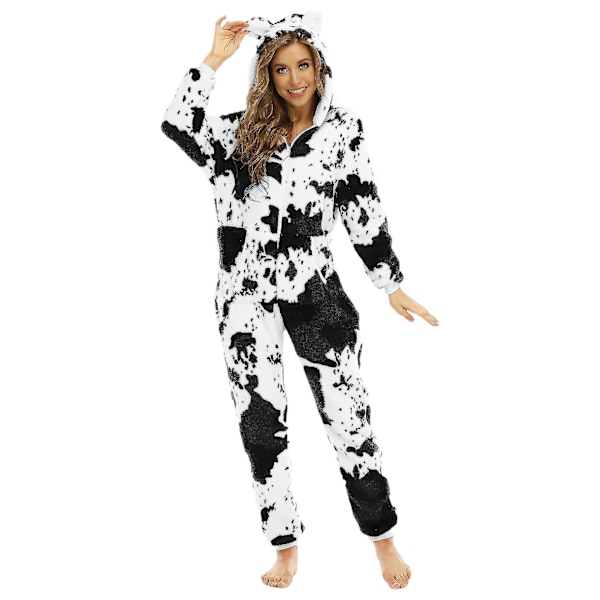 Ko-tryckt fleecehuvtröja för kvinnor, onesie, storlek L, svart