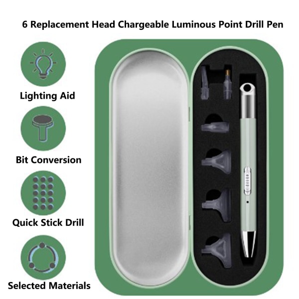 Lysande USB uppladdningsbar borrpenna för korsstygnsmålning med diamond painting med förvaringslåda (grön)