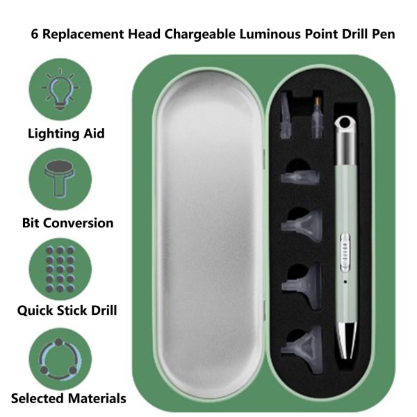 Lysende USB oppladbar borepenn for korssting diamantmaling med oppbevaringsboks (grønn)