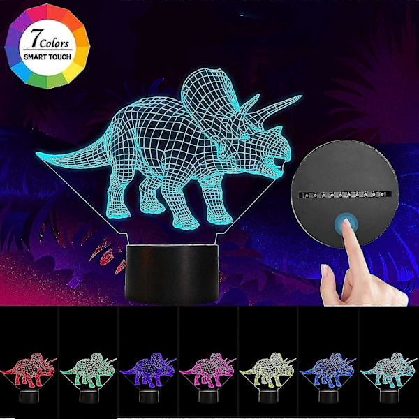 3D Dinosaur Natlampe, Lysende Dinosaurlegetøj, Triceratops Lampe 7 Farver Skiftende Med Smart Touch & Usb Kabel Dinosaur Lampe Til Drengeværelse