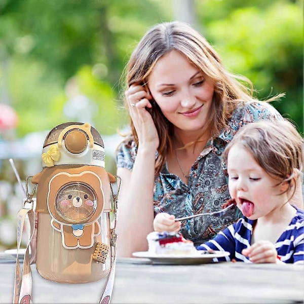 Kawaii Vannflaske med Sugerør, Søte Vannflasker med 3D Kawaii Klistremerke, Rustfritt Stål Vannflaske 600ml (Kaffe)