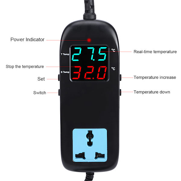 90-250V Digital Display Temperaturregulator Elektronisk Termostat med Strømkabel EU-plugg