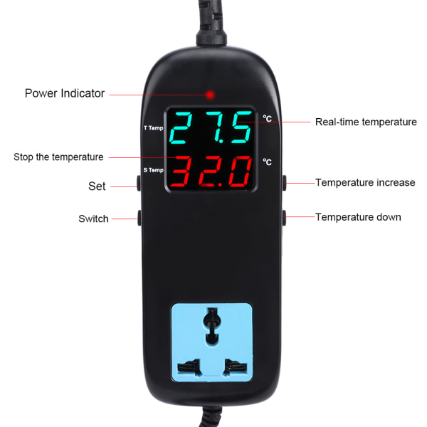 90-250V Digitalt display temperaturregulator Elektronisk termostat med strømkabel EU-stik