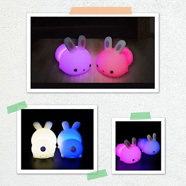 Söt Squishy Kanin Nattlampa - Silikon Kaninungar Husdjur Barnkammare Färgskiftande LED Dekor Sovlampa med Touch Sensor och Fjärrkontroll f