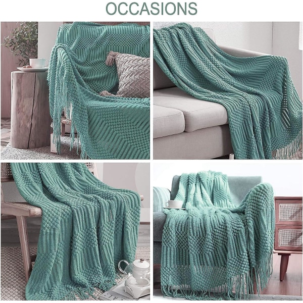 Grønt strikket teppe til sofa og seng - 130x172cm