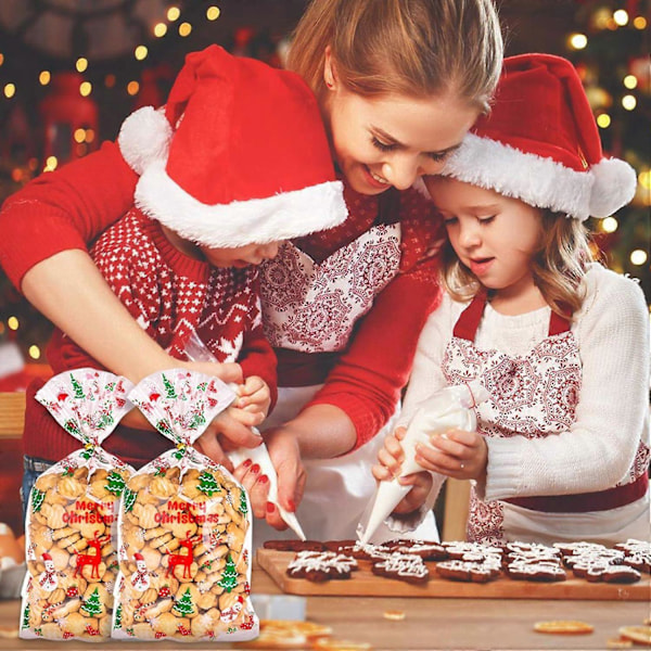 God Jul 100 stk. Juleplastposer for Godteri og Kjeks, Julegaveposer med Twist Ties for Julefestutstyr