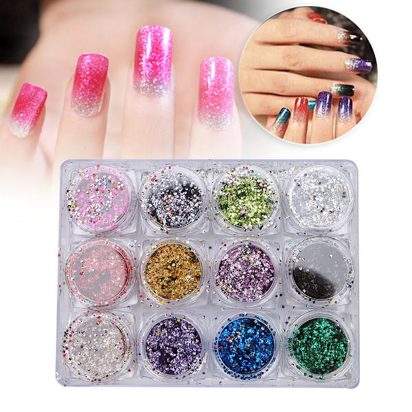 12 stk Nail Art Powder DIY Negle Decoration Glitter Shining Pigment til Nail Art Salon
