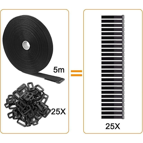 5m Säädettävät kaapeliniput 25 lenkillä, mustat uudelleenkäytettävät nippusiteet, tarrakiinnitysnauha kaapelinhallintaan (5m x 2cm, musta) longziming