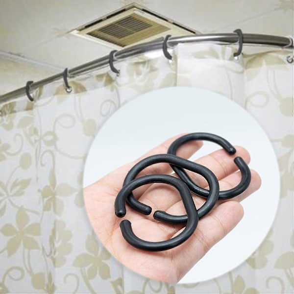12 st Duschdraperiringar i Plast C-formade Draperikrokar för Dörrdraperi, Fönsterdraperi Svart