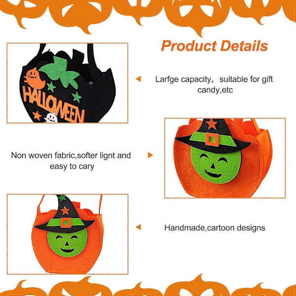 4 stk. Halloween Godtepose, Halloween Gresskar Godtekurv for Barn, Halloween Gresskar Spøkelse Heks, Barnegaver