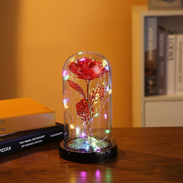 Evighetsros under glaskupa, Evighetsros, Galaxy Rose glaskupol konstgjord blomma med röda LED-lampor 22*11cm