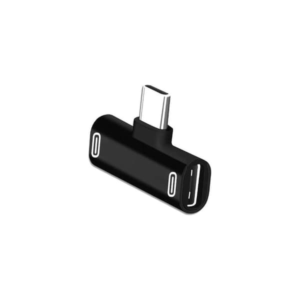 Dobbelt USB-C-adapter til opladning og lytning til musik samtidigt.