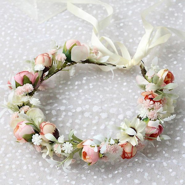 Baby Breath Blomster Halo Bryllupskrone - Pink og Hvid