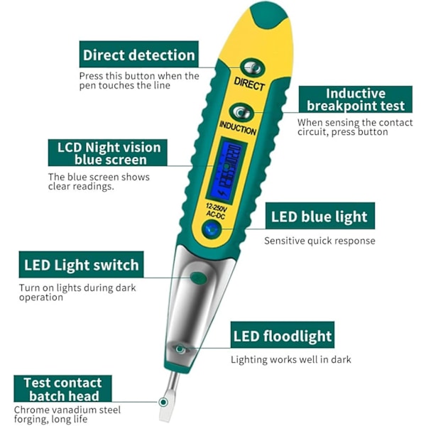 Spänningstestare, Ny Elektrisk Digital Testpenna Testare LCD-Display Test Skruvmejsel Spänningsdetektor AC DC 12-250V för Elektrikerverktyg