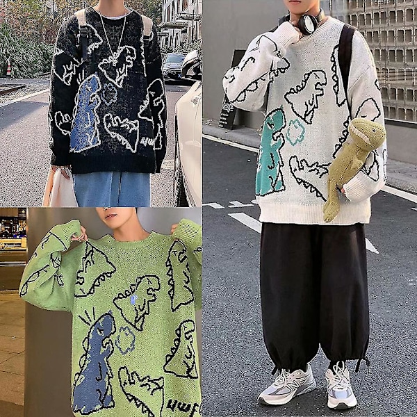 Søt Dinosaur Trykk Unisex Oversized Strikket Genser Topp - Svart